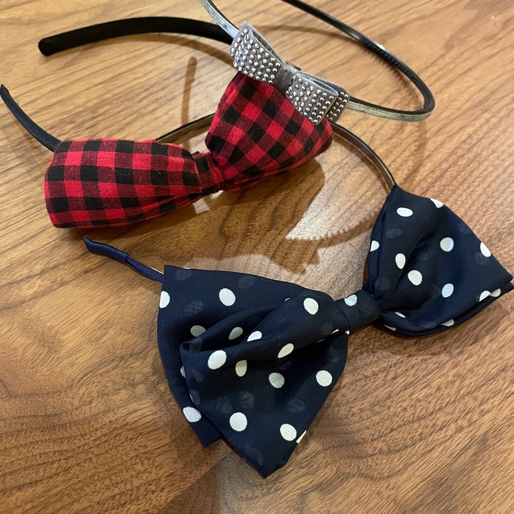 Three Kids Headbands with Bows - Red Plaid, Navy Polka Dot, Silver Metallic